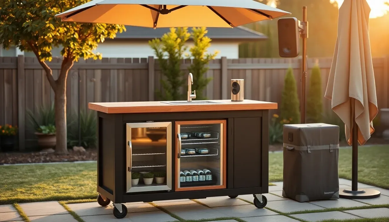 The Backyard Banger with a patio umbrella, a fitted cover, and a mounted outdoor speaker.