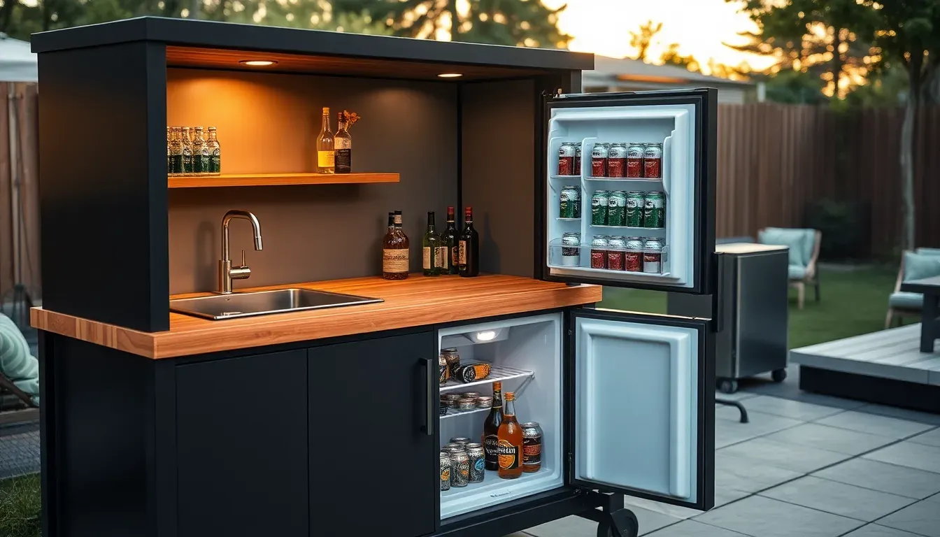 The open outdoor fridge of the Backyard Banger stocked with cold drinks and ice.