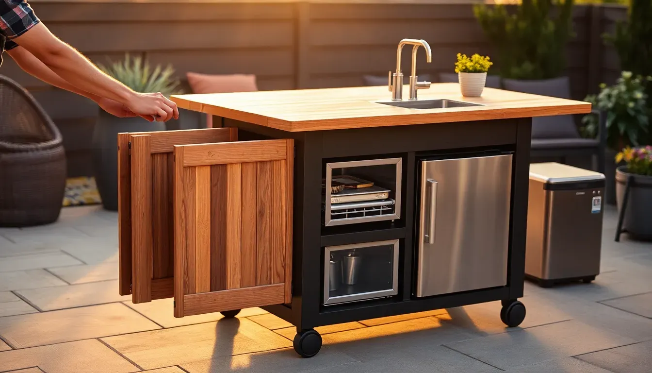 Hands unfolding the teak side-wing extension of the Backyard Banger on a patio.