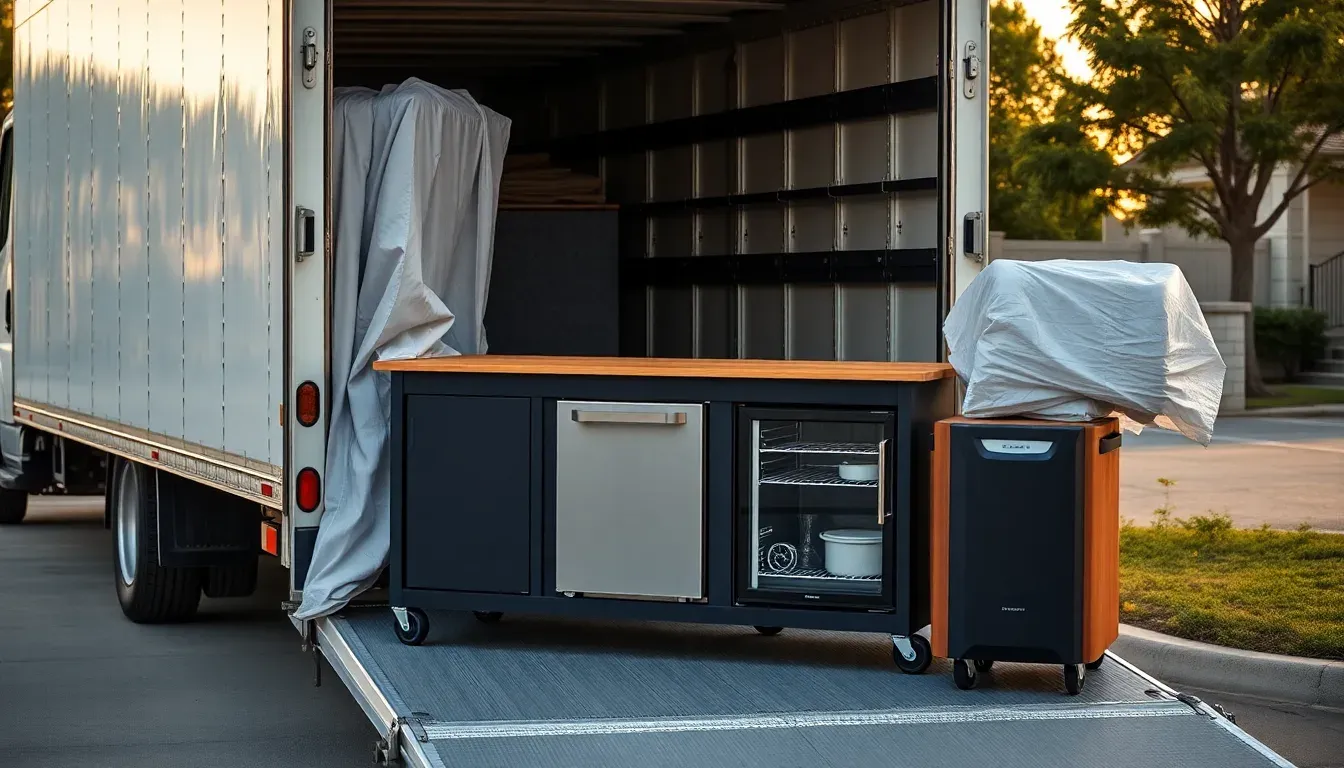 The Backyard Banger wrapped in shipping blankets on a delivery ramp beside a truck.