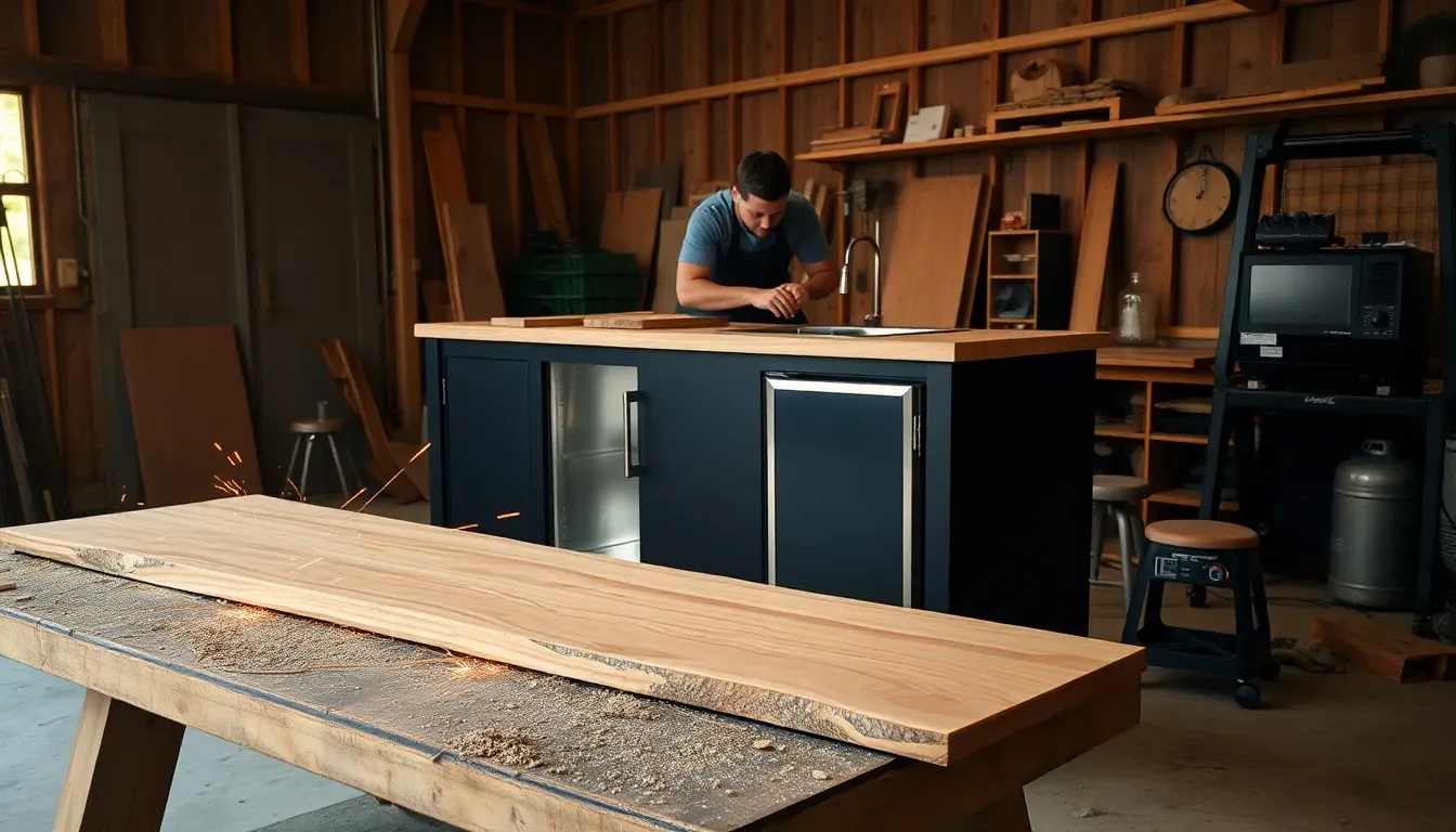 A maker building the Backyard Banger in a workshop, teak plank on the bench, warm rim light.