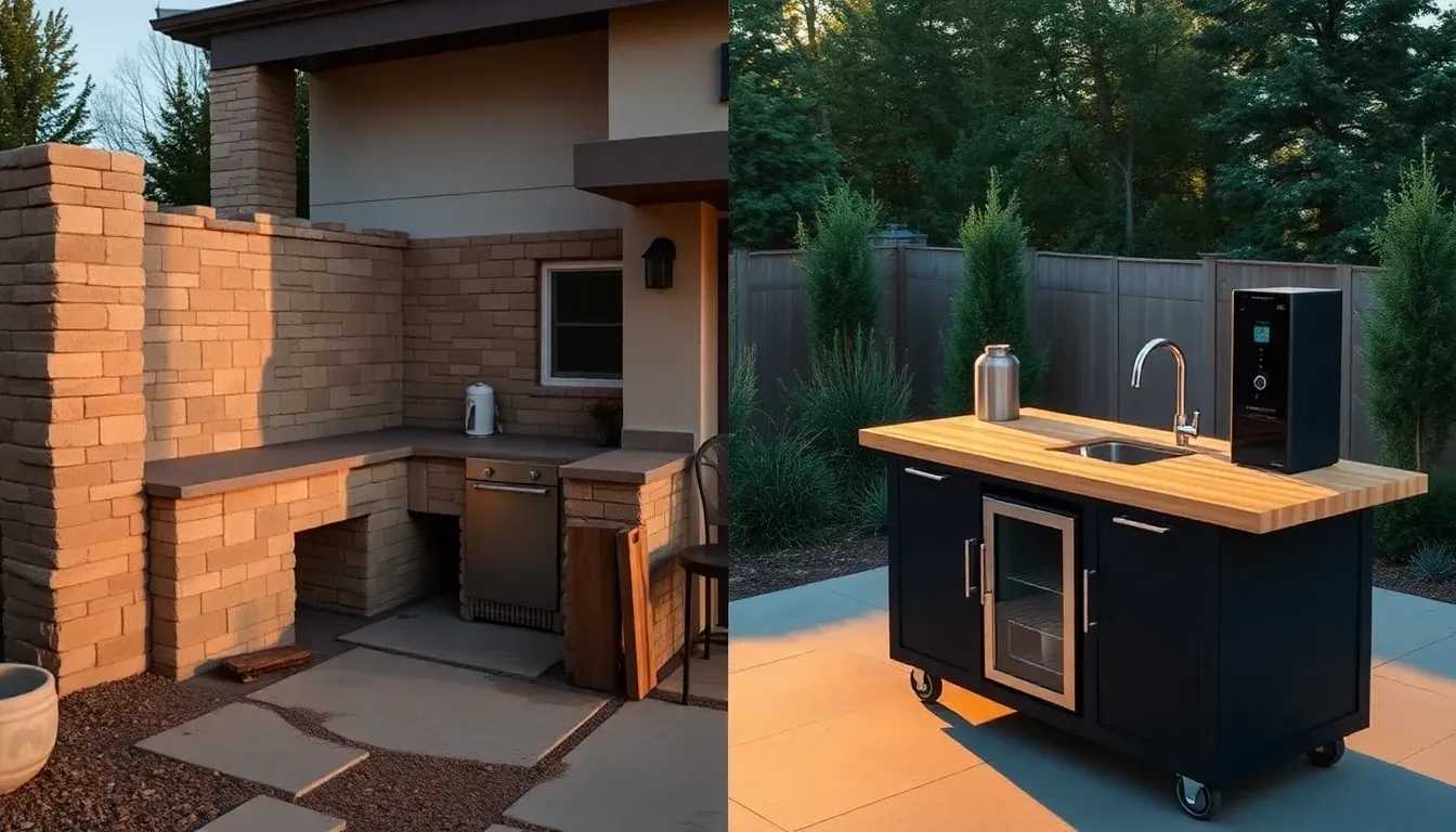 A stone built-in outdoor kitchen beside a portable rolling outdoor kitchen, side by side.