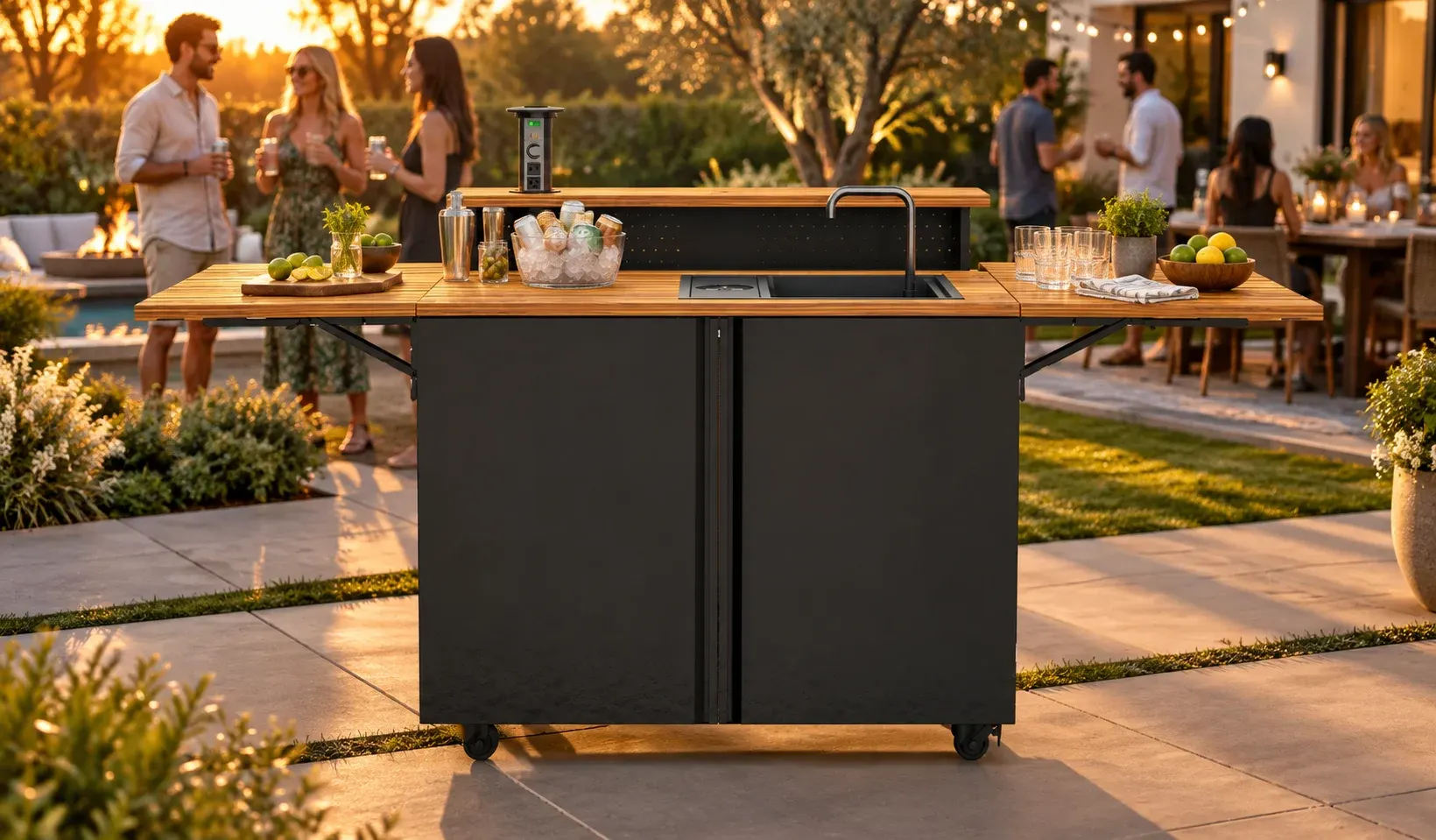 The Backyard Banger set up as a backyard beer stand with guests gathered nearby.