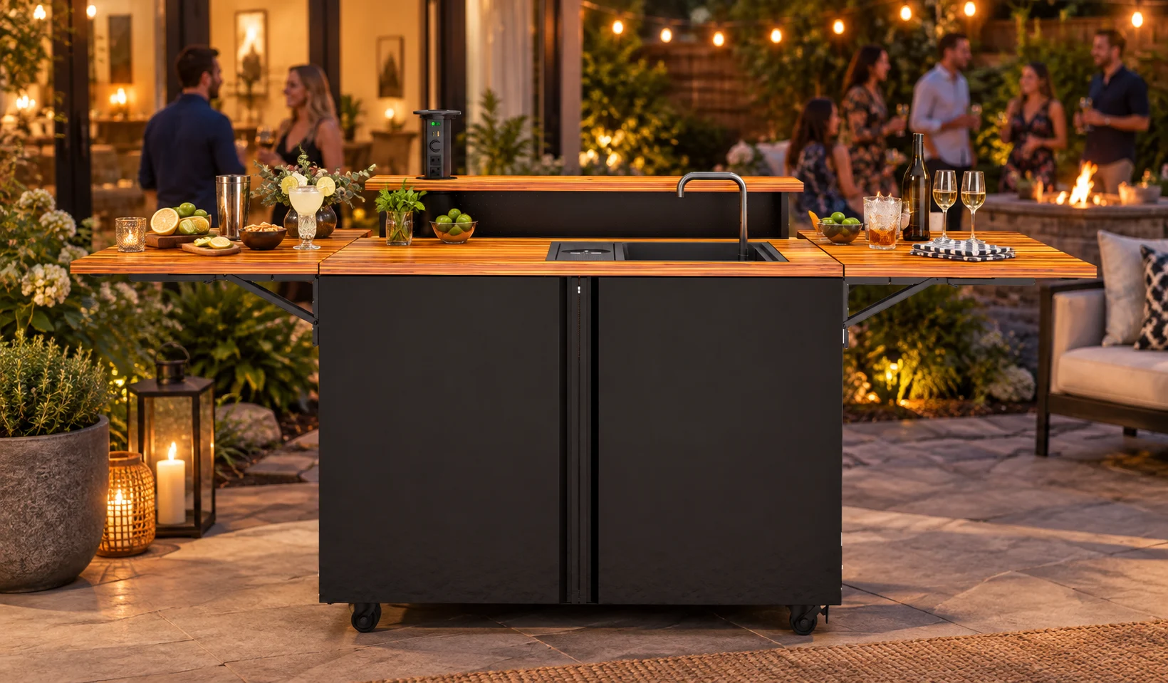 The Backyard Banger styled as a wet bar at a backyard evening party