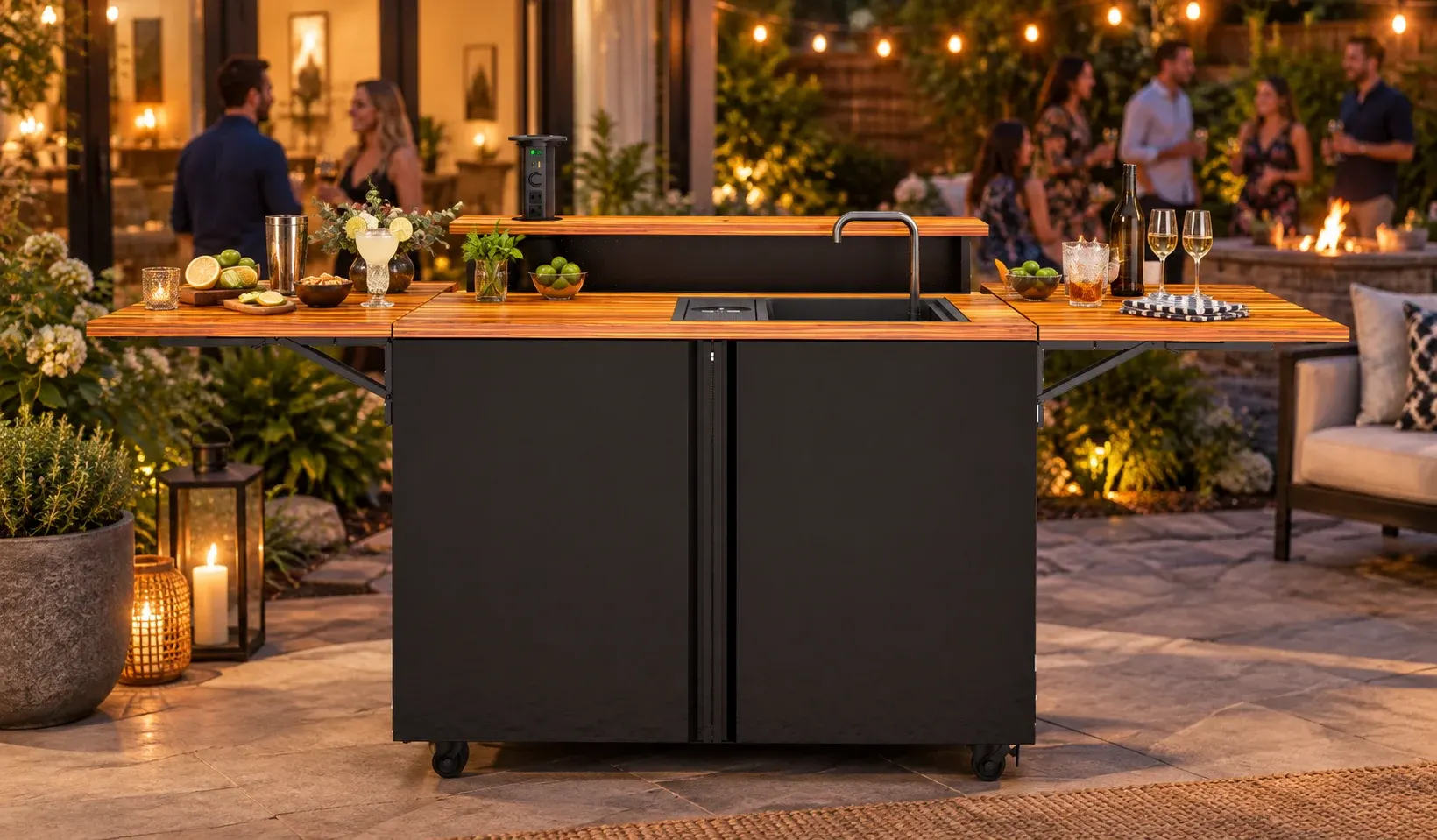 The Backyard Banger styled as a bar while friends enjoy a backyard evening together.