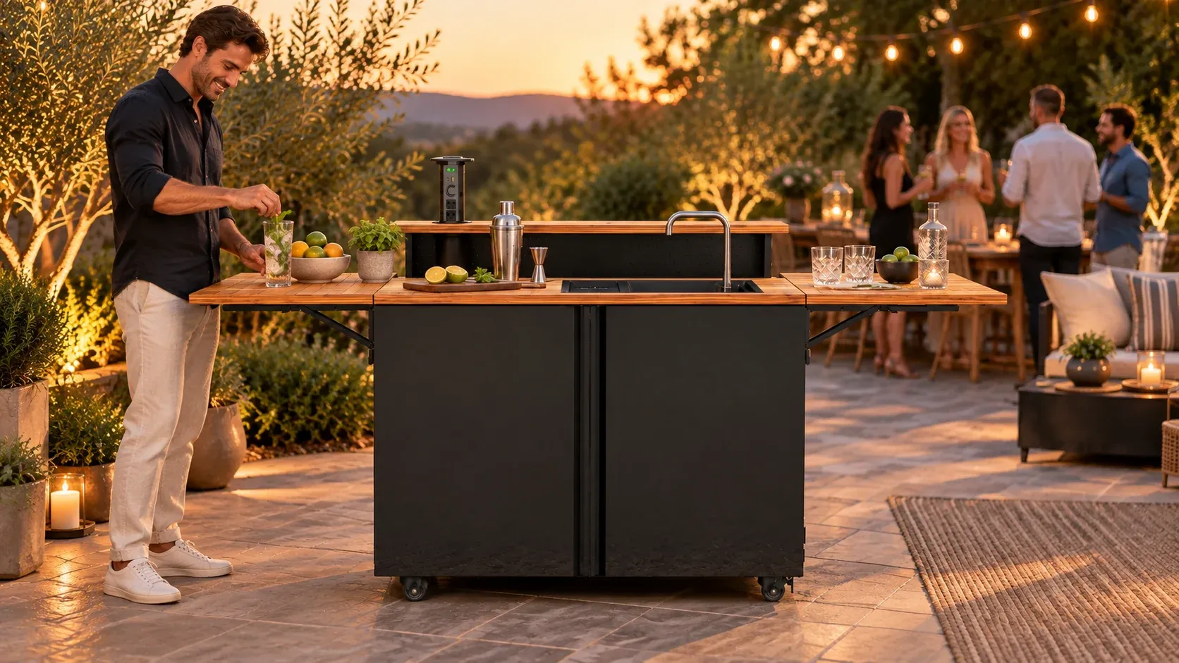 A portable outdoor wet bar set up as a cocktail station on a backyard patio