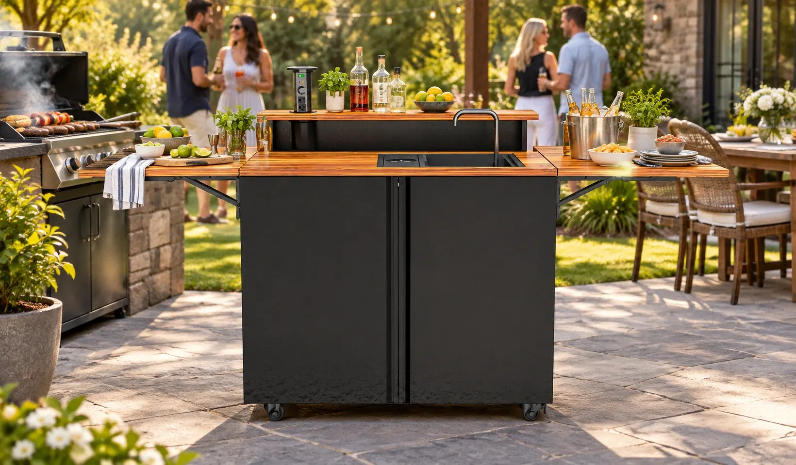 The Backyard Banger serving as a prep and serving station beside a backyard grill.