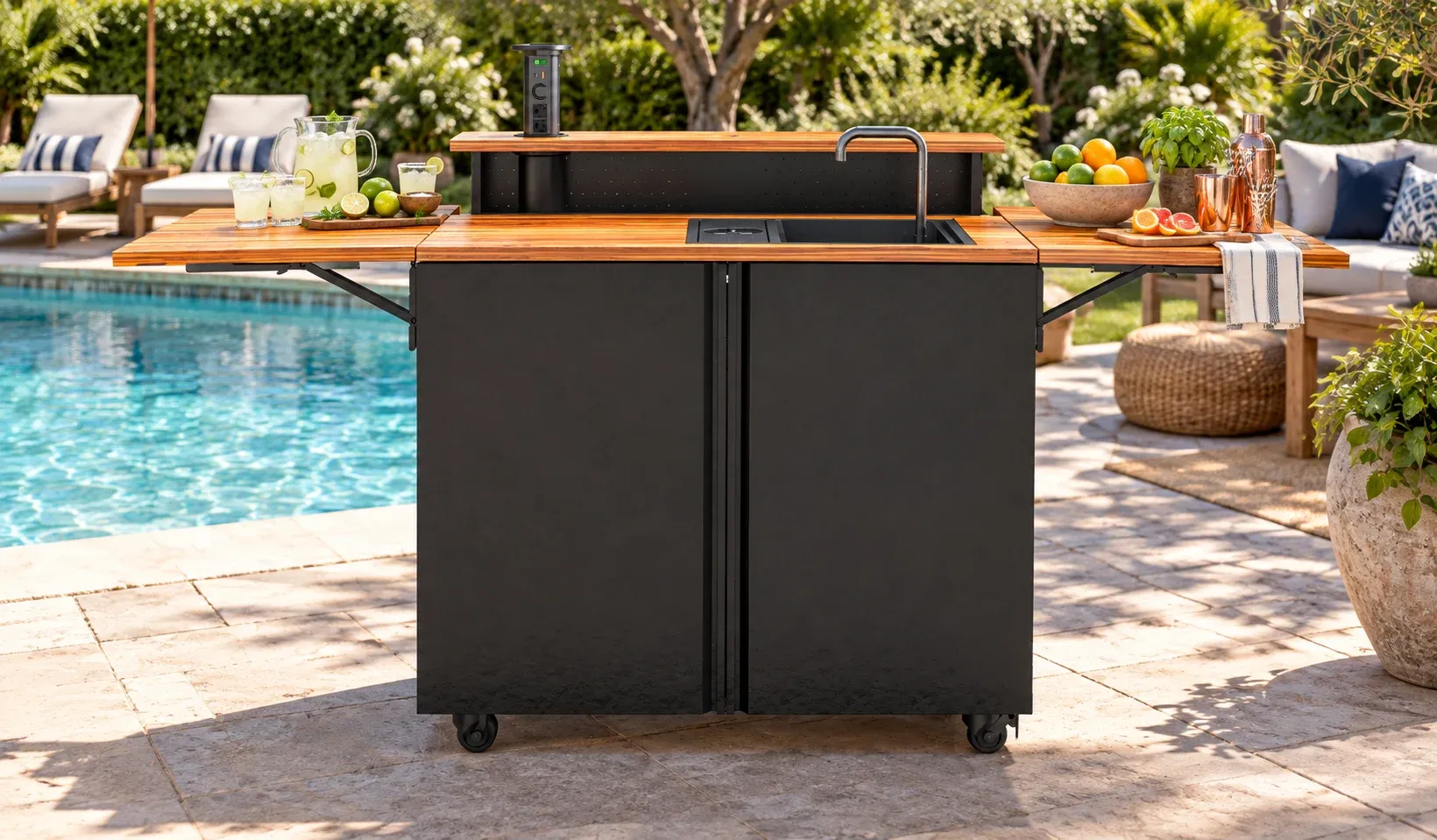 Backyard Banger styled as a portable wet bar on a sunny pool patio