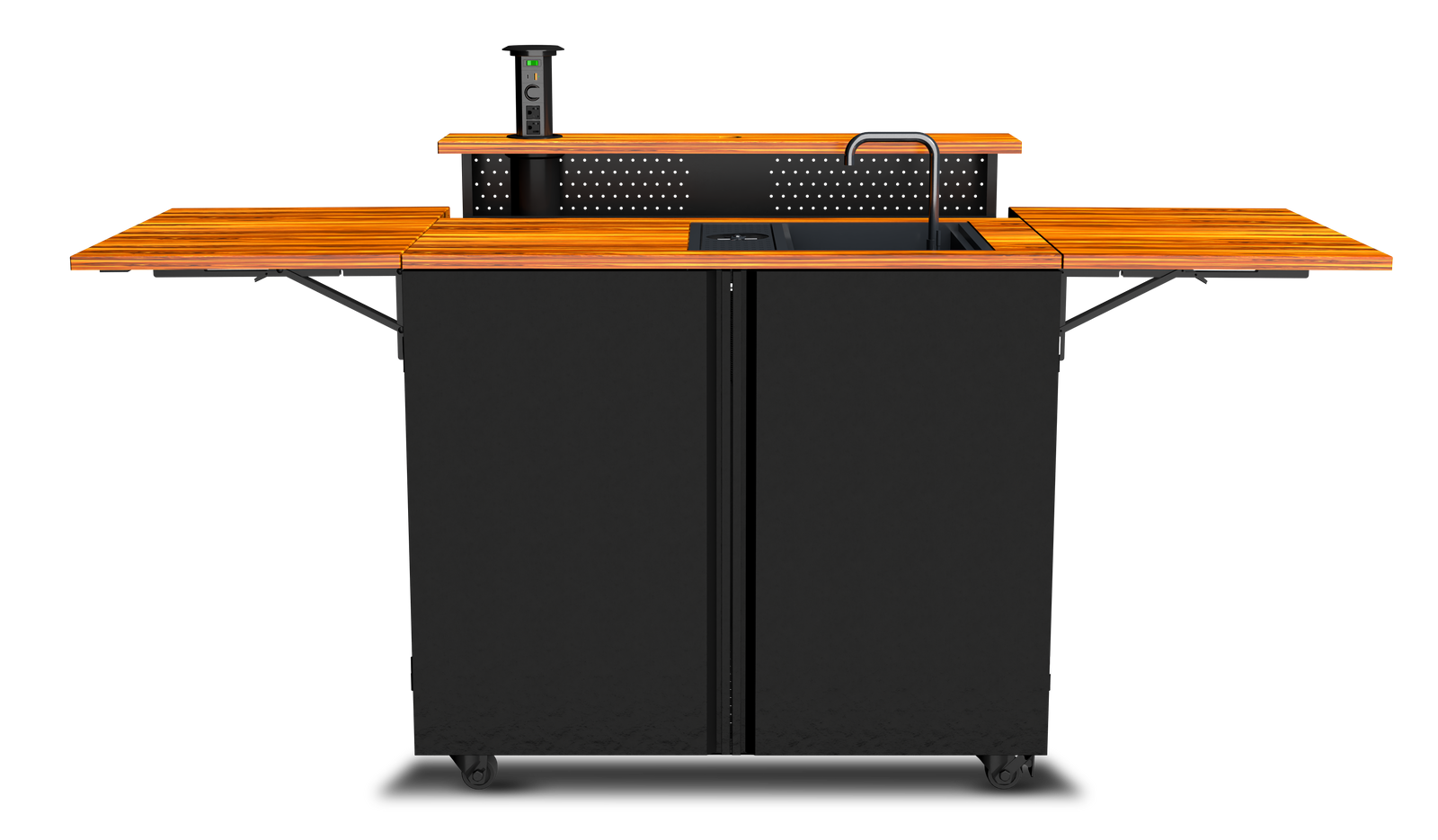 The Backyard Banger, extensions open — sink, fridge, teak counters, GFCI power tower, and locking casters.