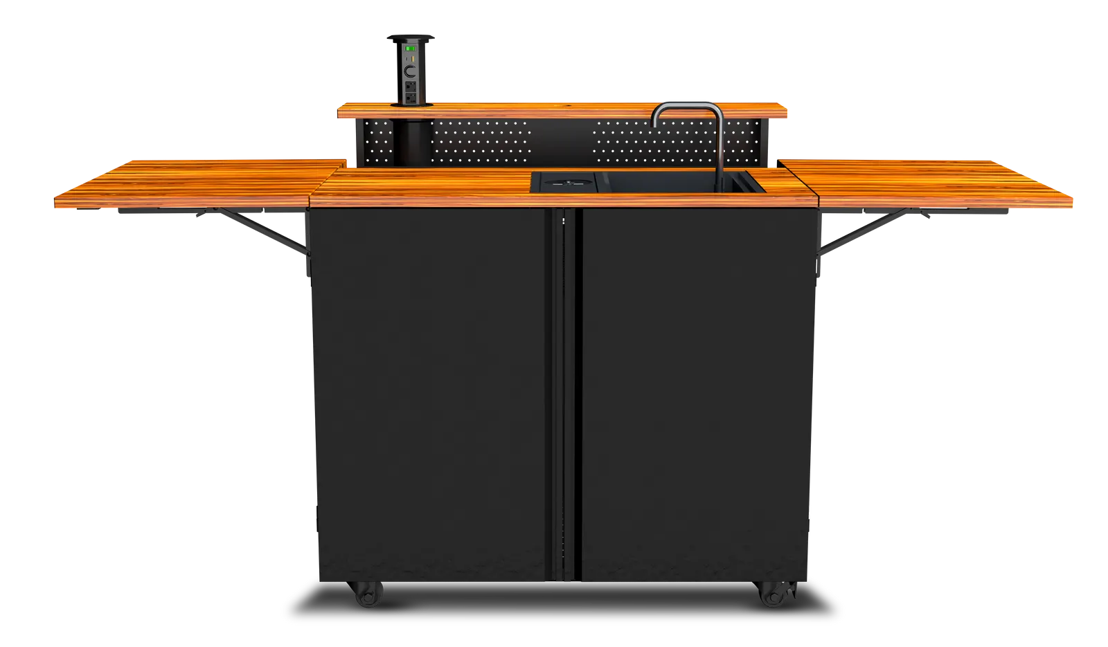 The Backyard Banger portable outdoor kitchen with teak counters and a garden-hose sink.