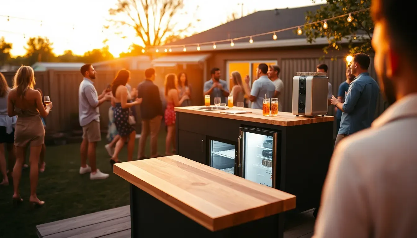 A lively backyard party at dusk around a portable outdoor kitchen with string lights.