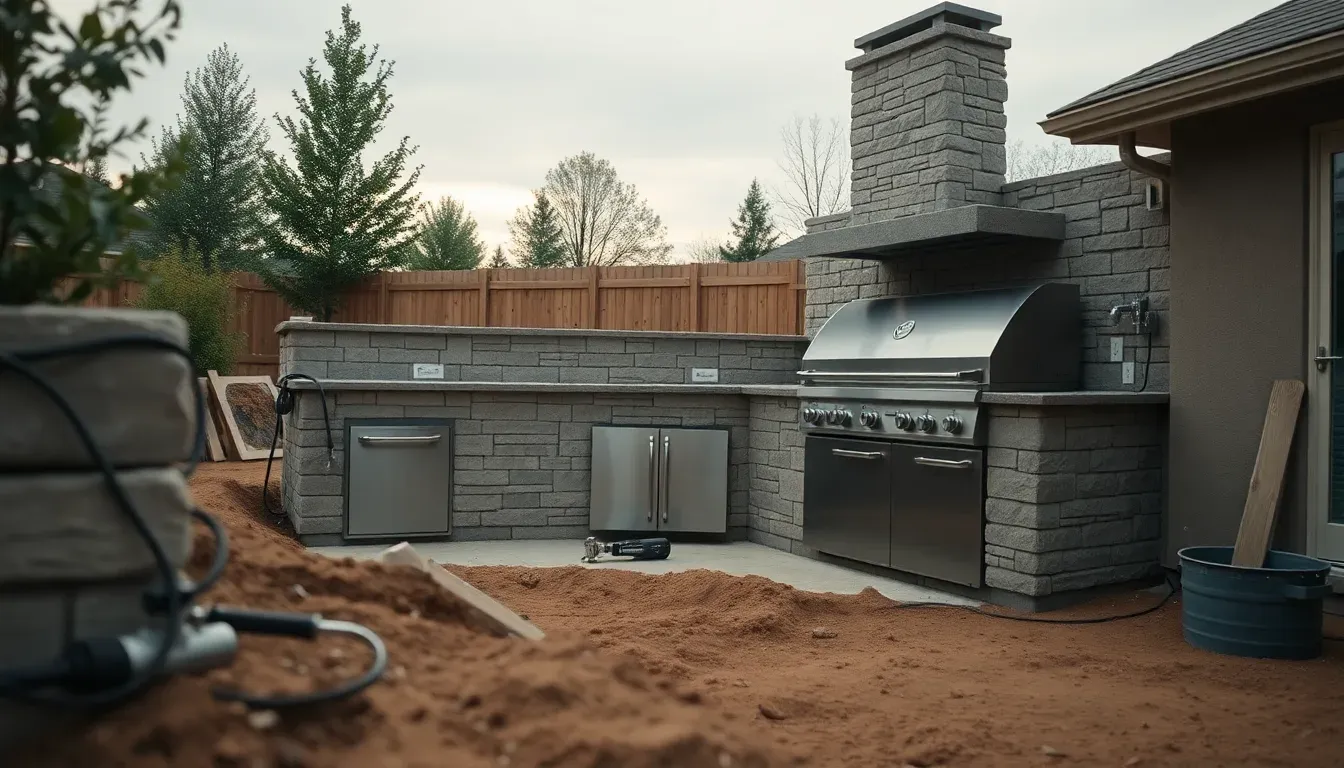 A stone and stainless built-in outdoor kitchen mid-construction with trenched utility lines.