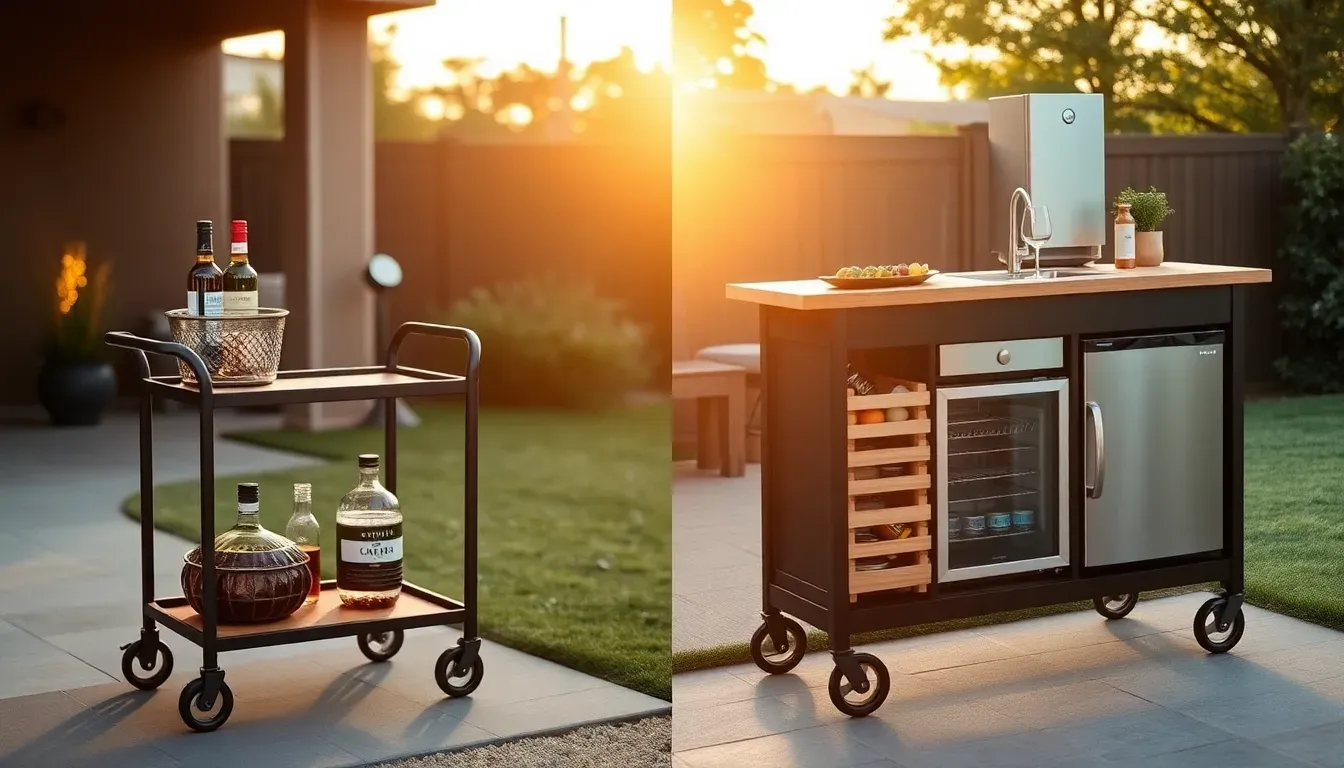 A small outdoor bar cart beside a full outdoor wet bar