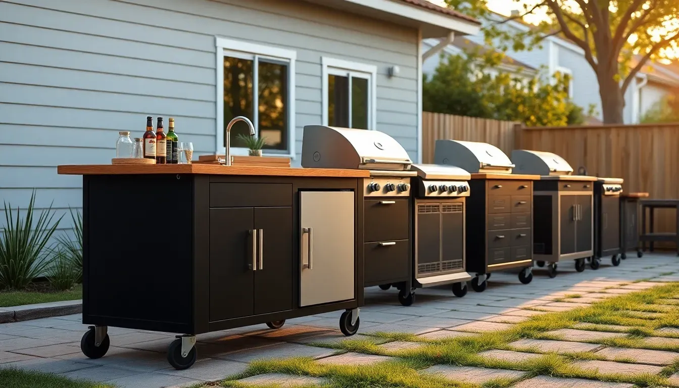 Several portable outdoor kitchens side by side — a full rolling island next to modular carts.
