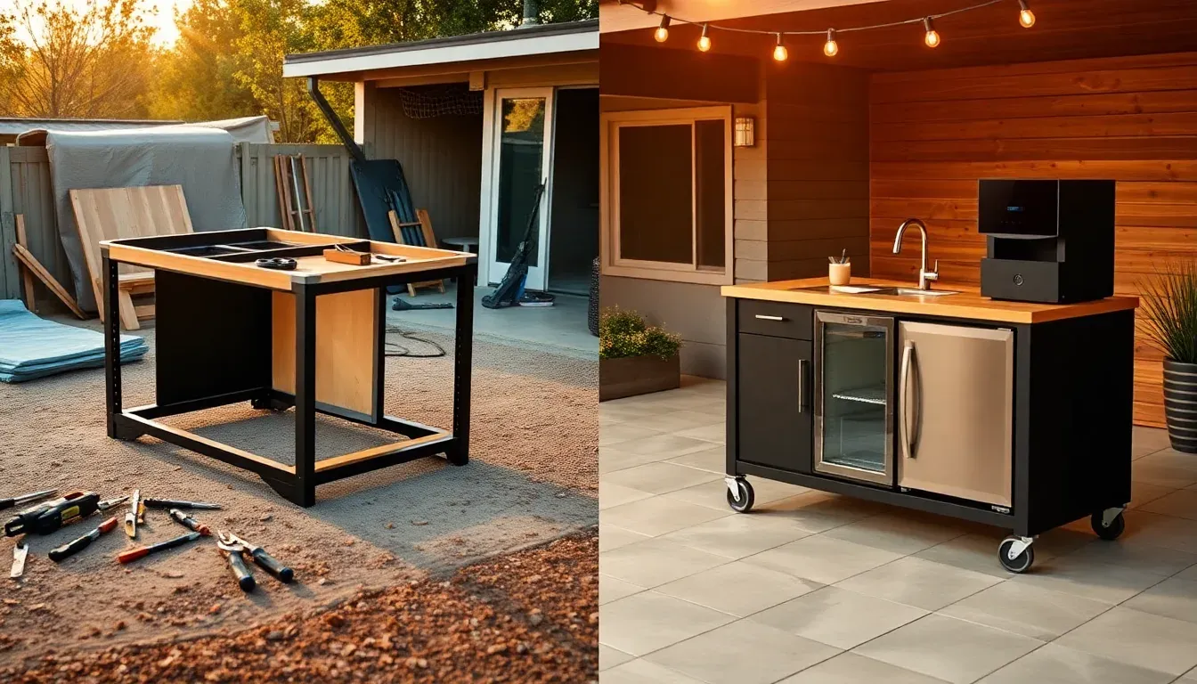 A flat-packed DIY outdoor kitchen kit beside a finished portable outdoor kitchen