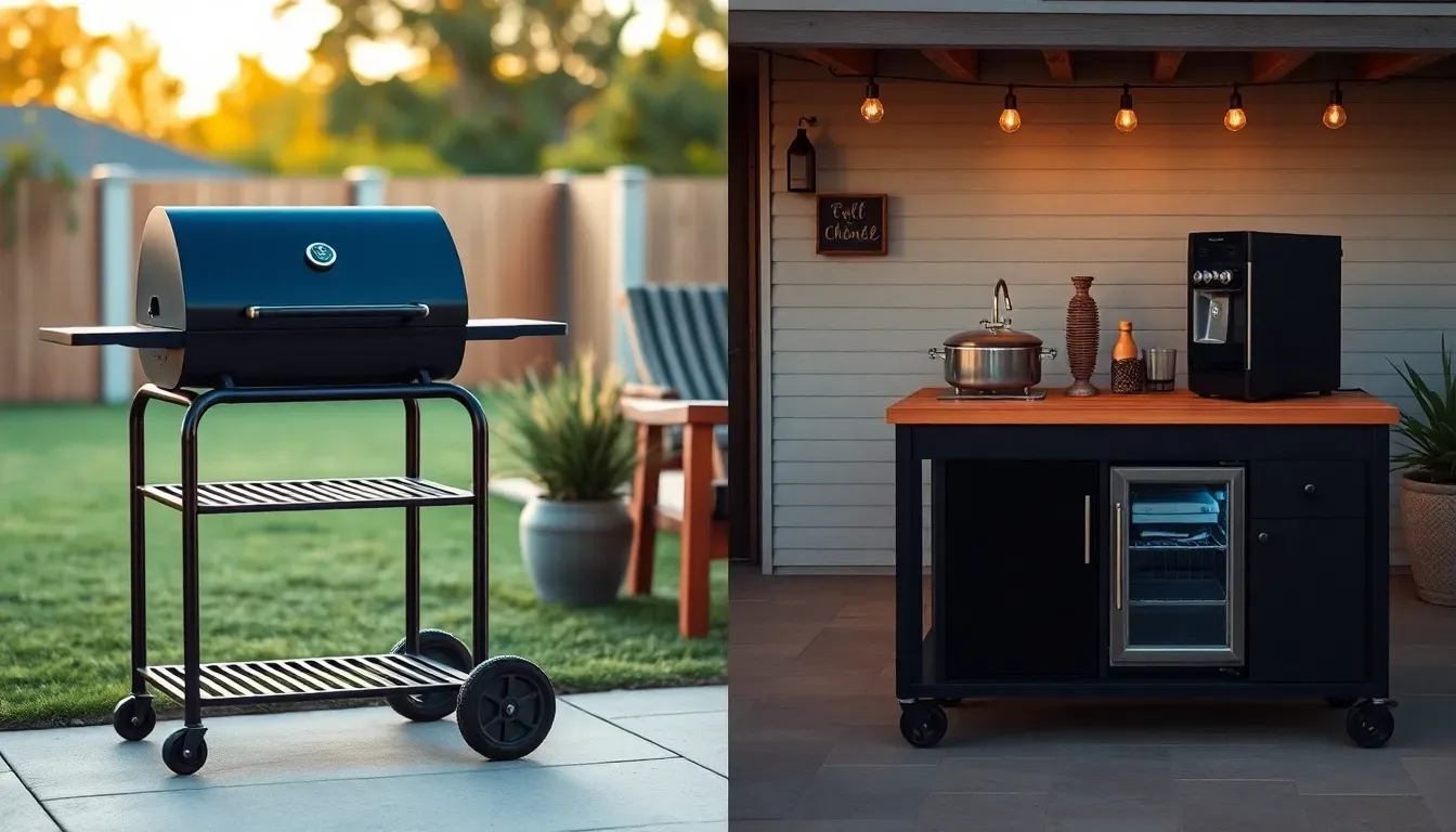 A simple grill cart beside a full portable outdoor kitchen