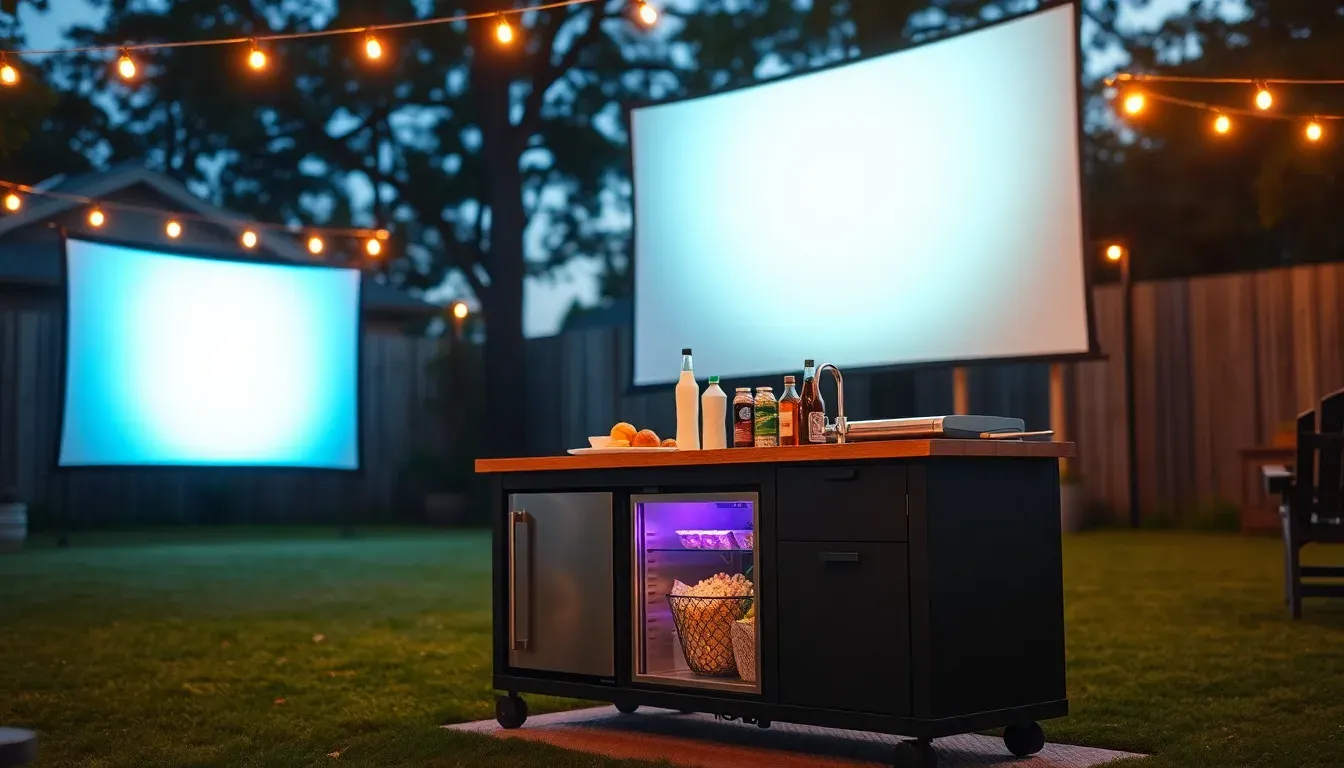 The Backyard Banger portable outdoor kitchen set up for a backyard movie night