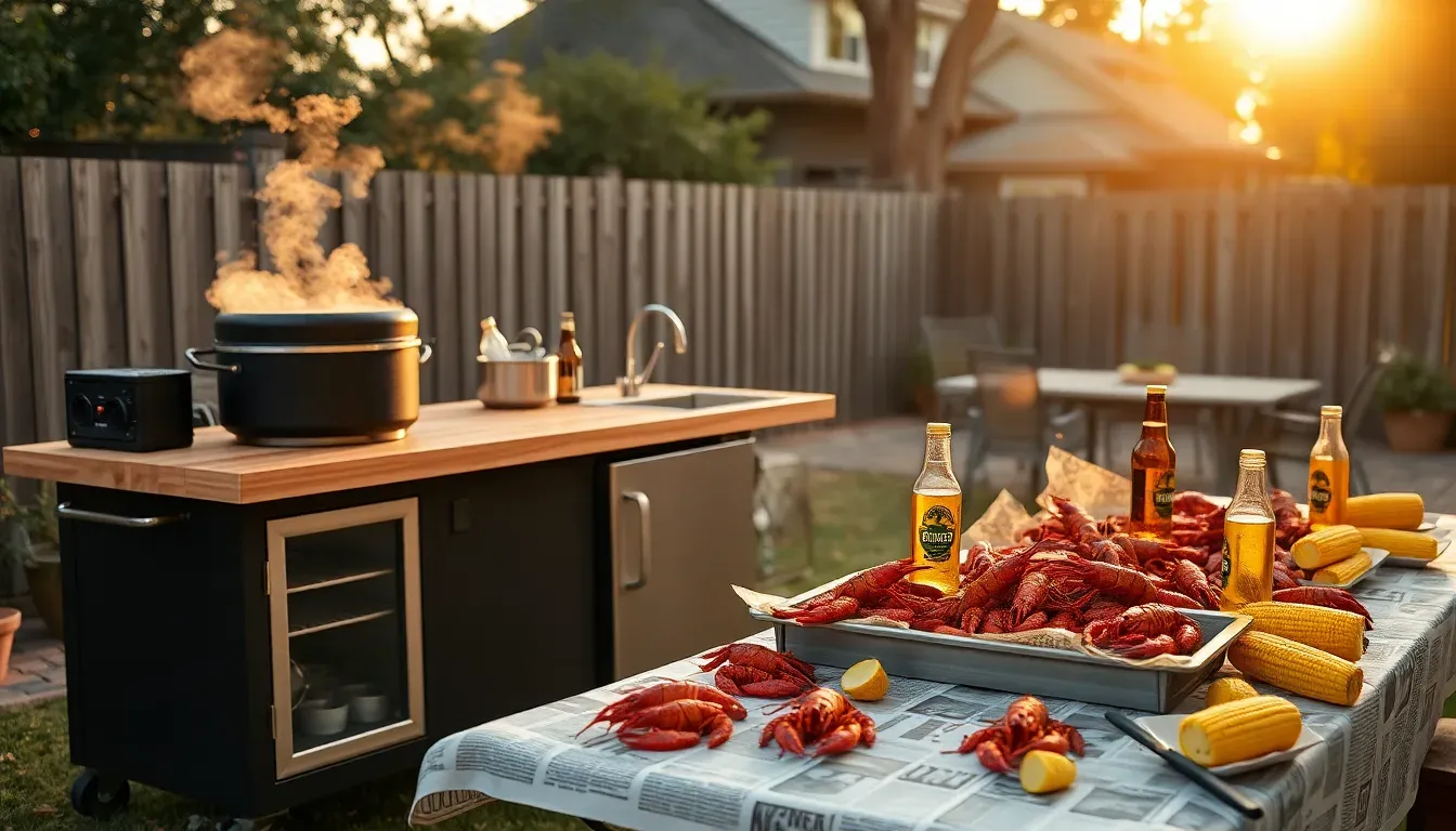 The Backyard Banger portable outdoor kitchen set up for a crawfish boil