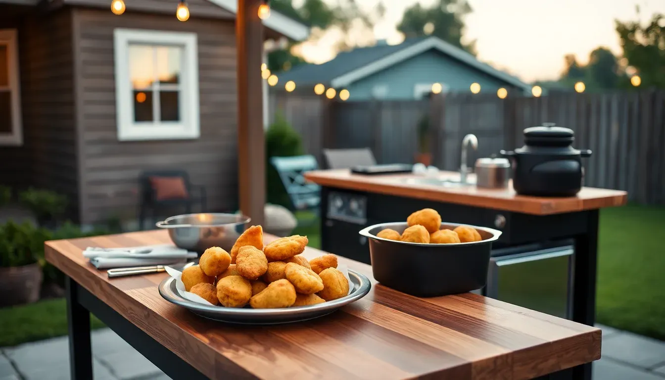 The Backyard Banger portable outdoor kitchen set up for a fish fry