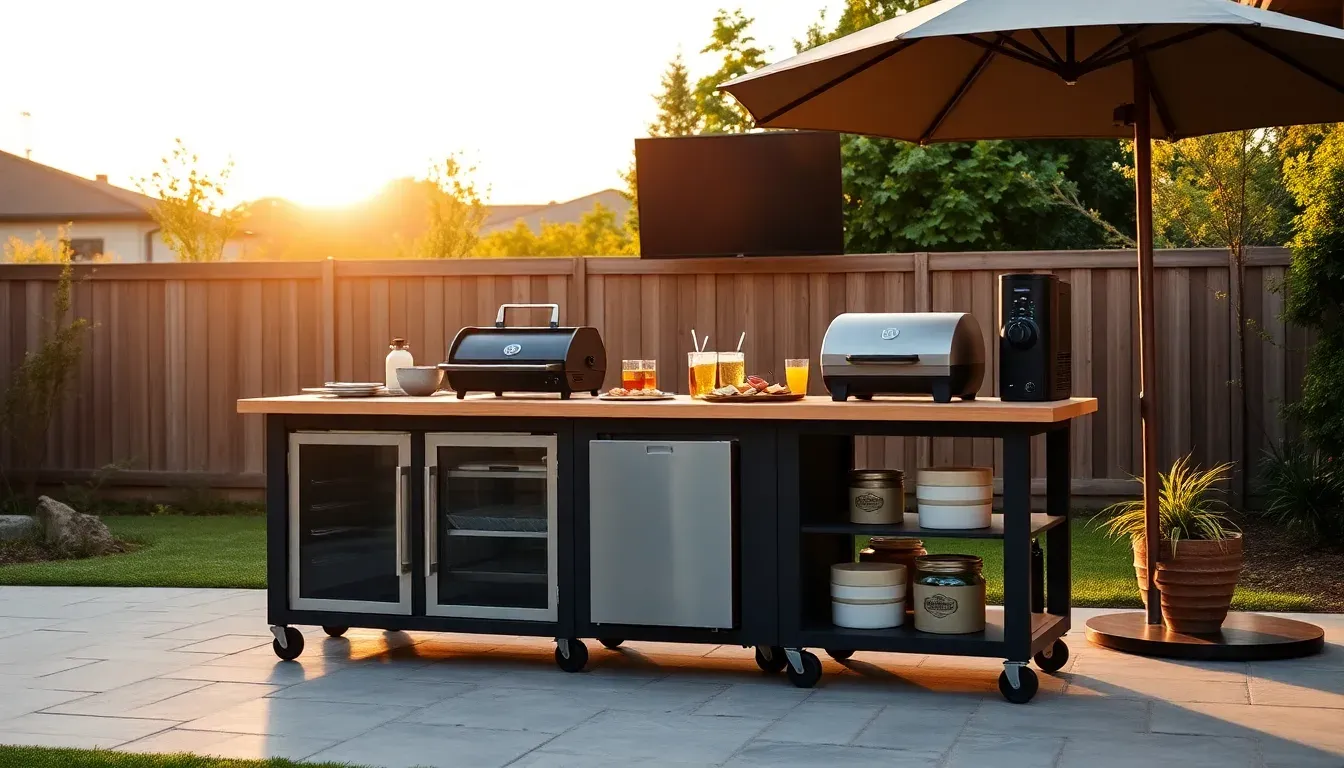 The Backyard Banger portable outdoor kitchen set up for game day