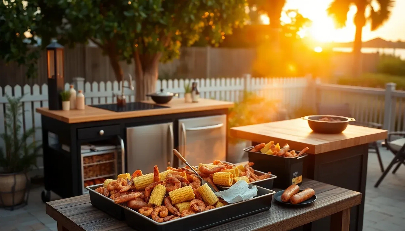 The Backyard Banger portable outdoor kitchen set up for a low country boil