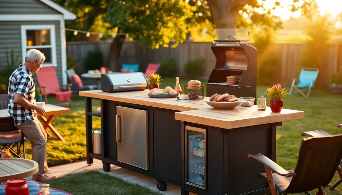 The Backyard Banger portable outdoor kitchen set up for a Memorial Day cookout