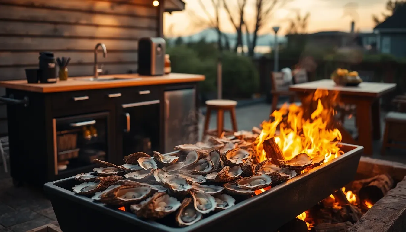 The Backyard Banger portable outdoor kitchen set up for an oyster roast