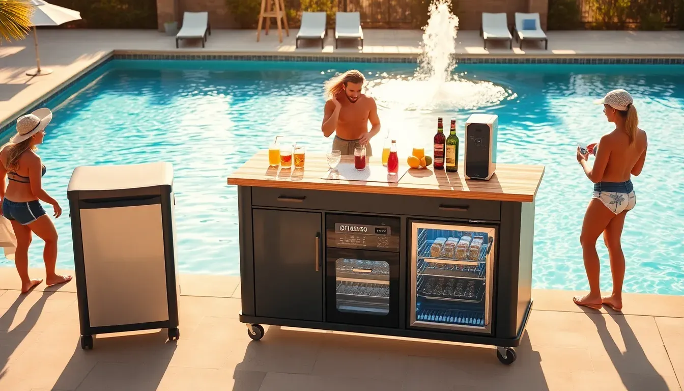 The Backyard Banger portable outdoor kitchen set up for a pool party
