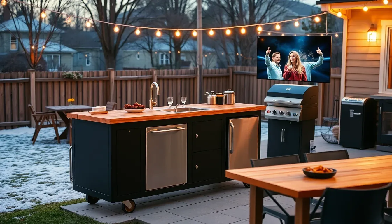 The Backyard Banger portable outdoor kitchen set up for a Super Bowl party