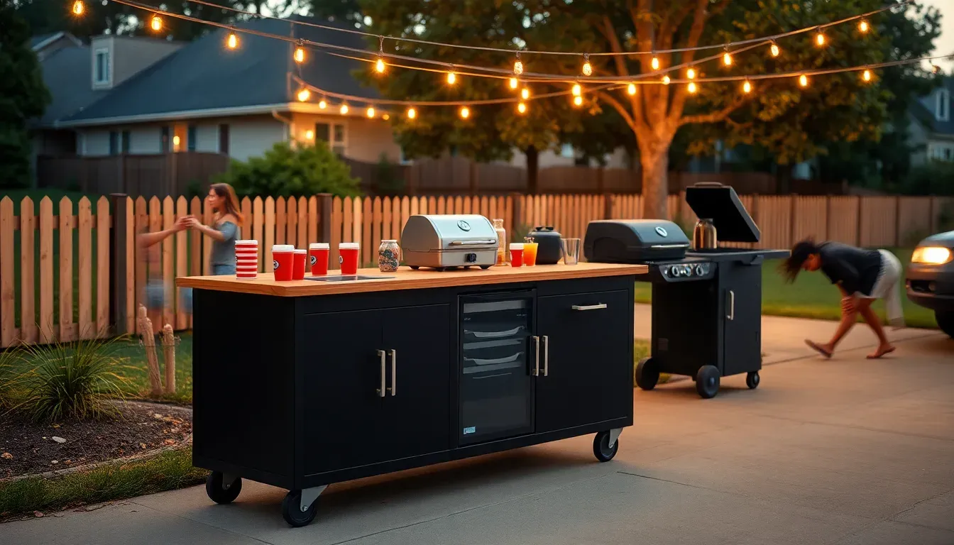 The Backyard Banger portable outdoor kitchen set up for a driveway tailgate