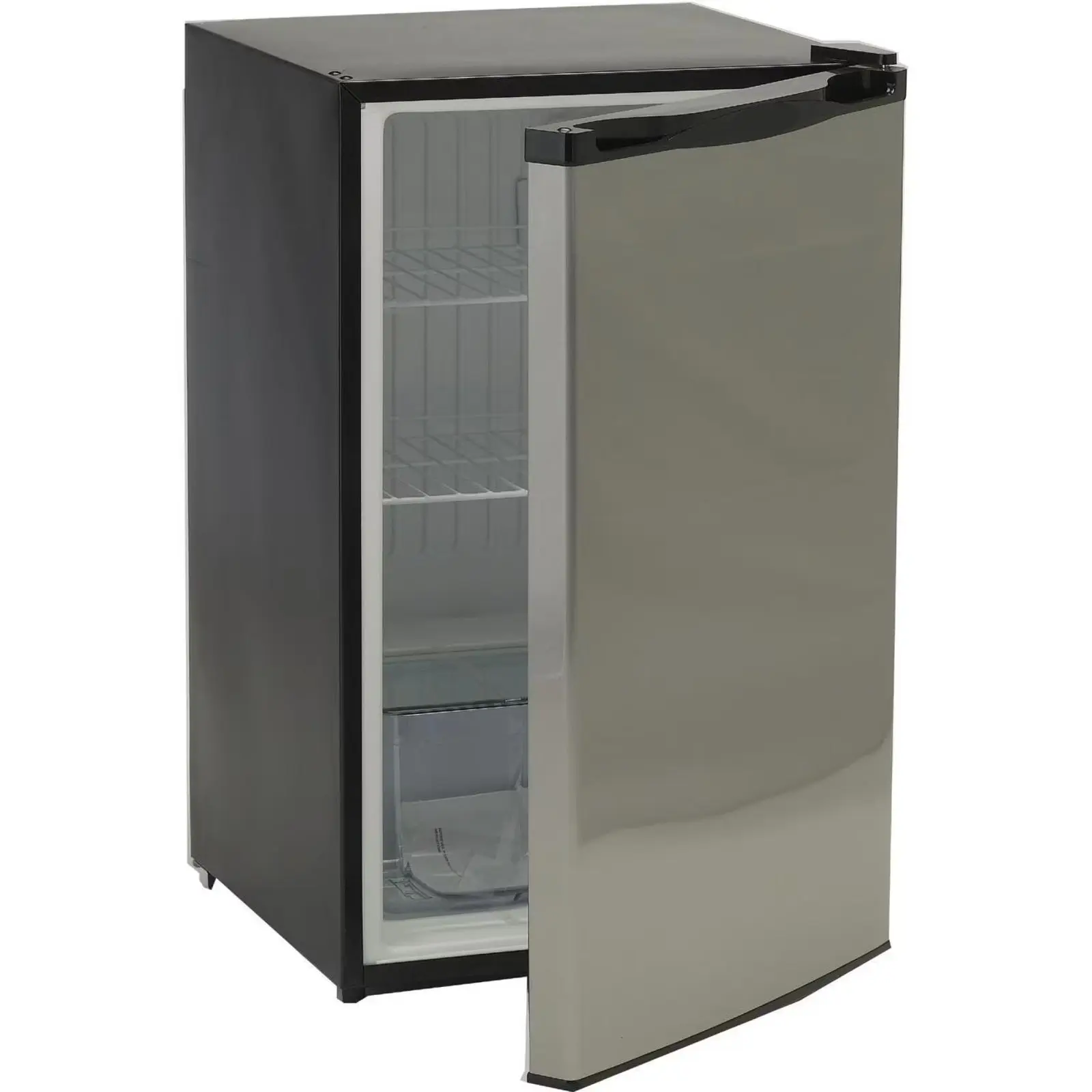 The 4.5 cubic foot outdoor-rated stainless-steel-door mini fridge that ships in the Backyard Banger's appliance bay.