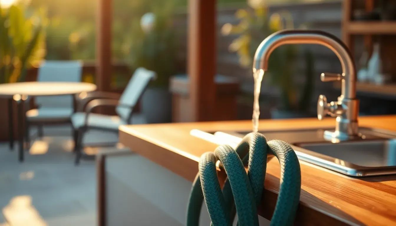 A garden hose coiled beside a sunlit outdoor bar sink with running water.