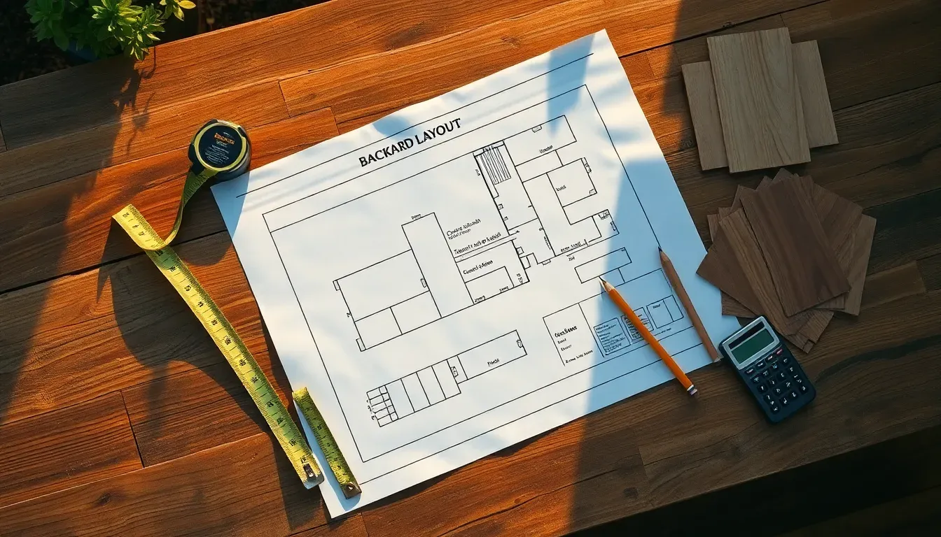 An outdoor kitchen planning flat-lay: a backyard blueprint, tape measure, teak samples, and a calculator.