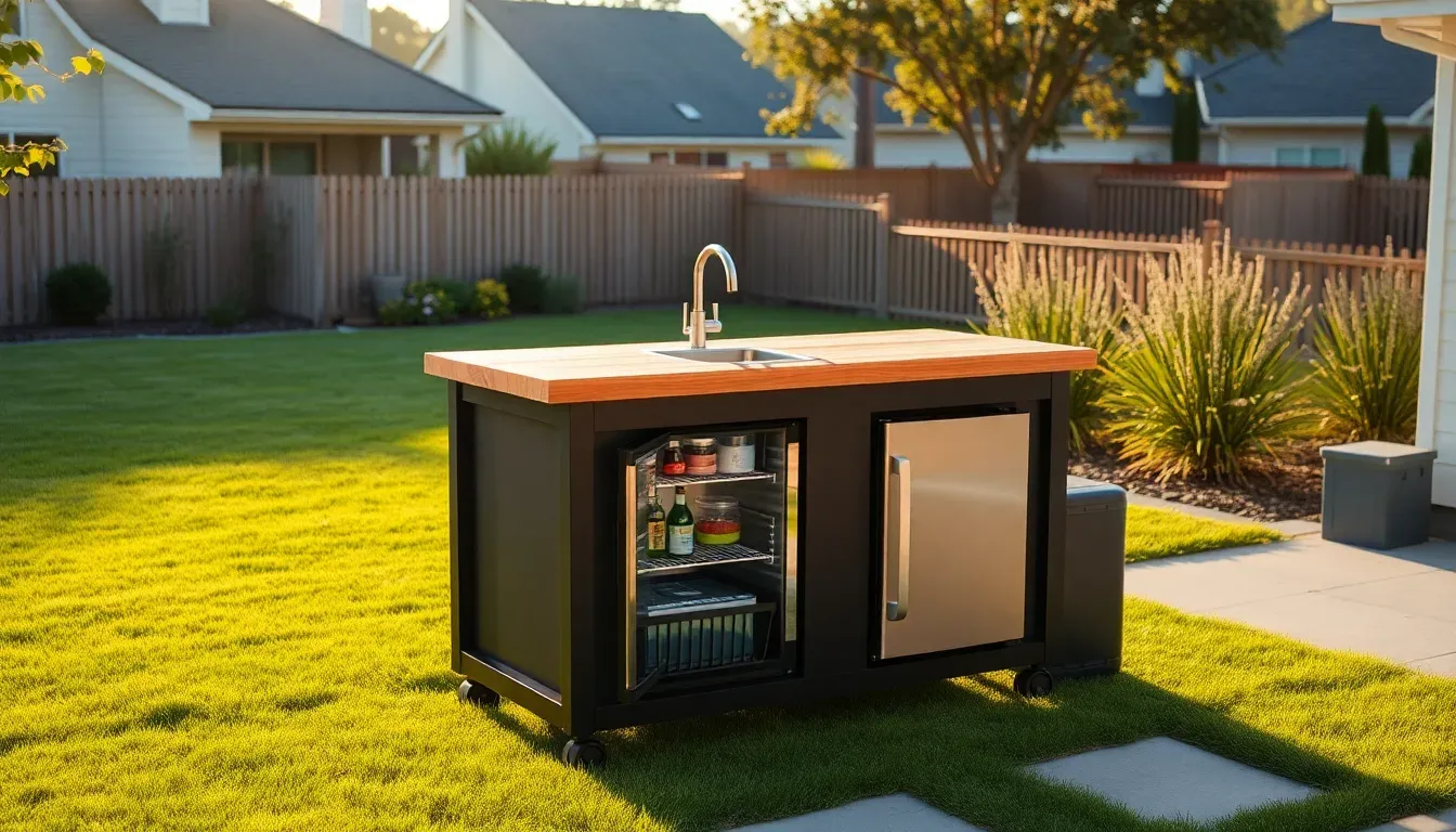 A tidy suburban backyard with a portable outdoor kitchen tucked neatly on the patio.