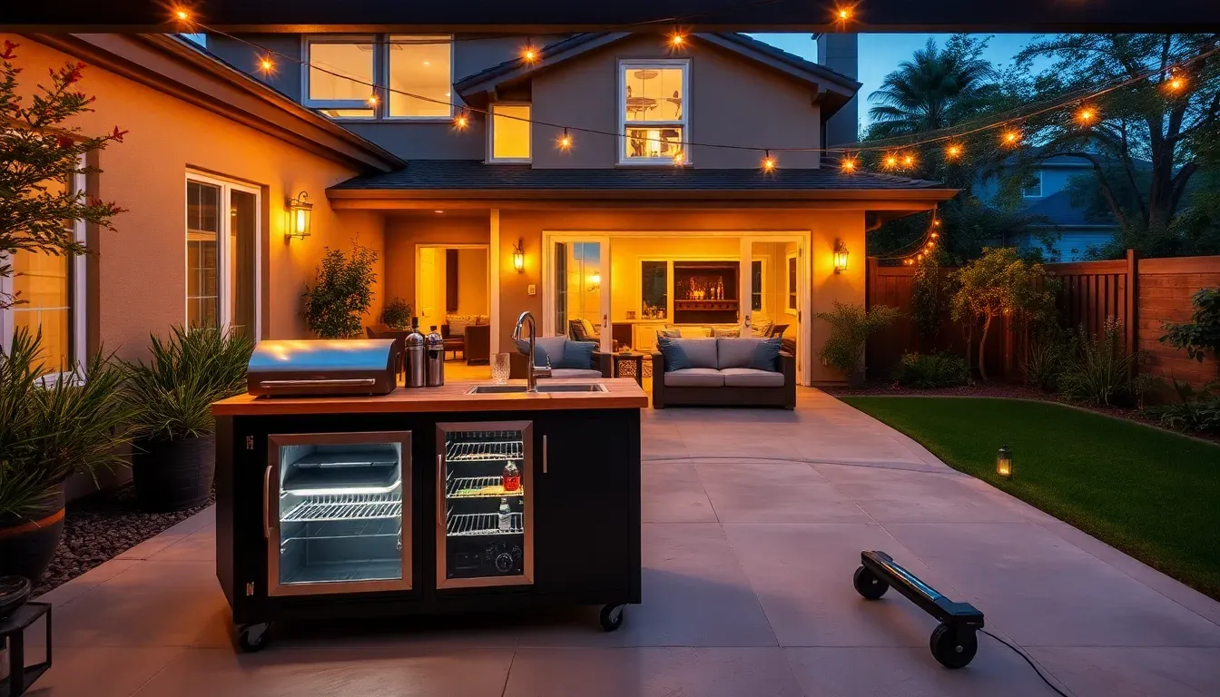 An upscale backyard patio at dusk with a portable outdoor kitchen and a warm lounge area.