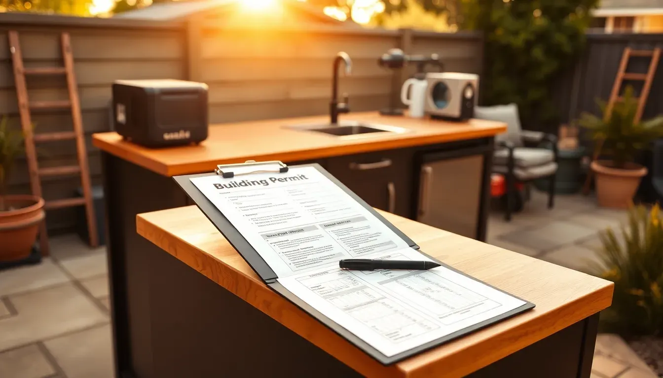 A building-permit form and pen resting on the teak counter of a portable outdoor kitchen.