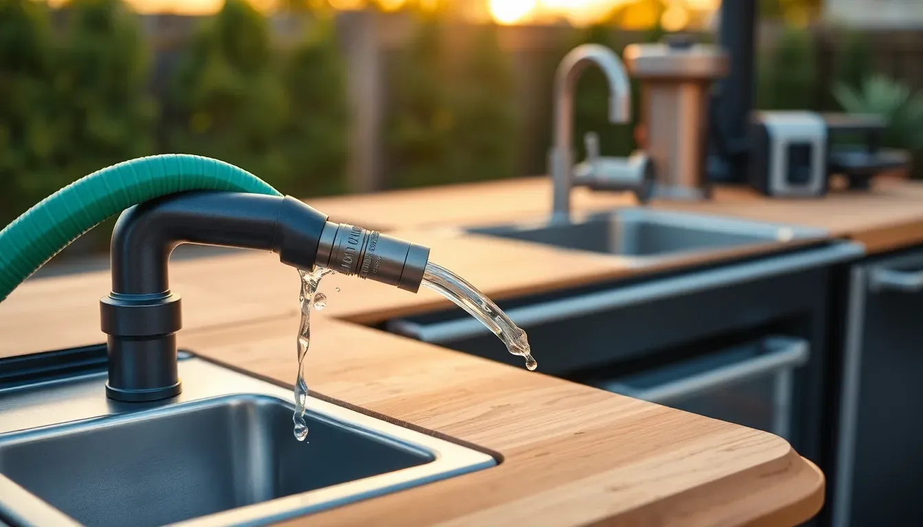 A garden hose quick-connecting to the stainless sink of a portable outdoor kitchen.