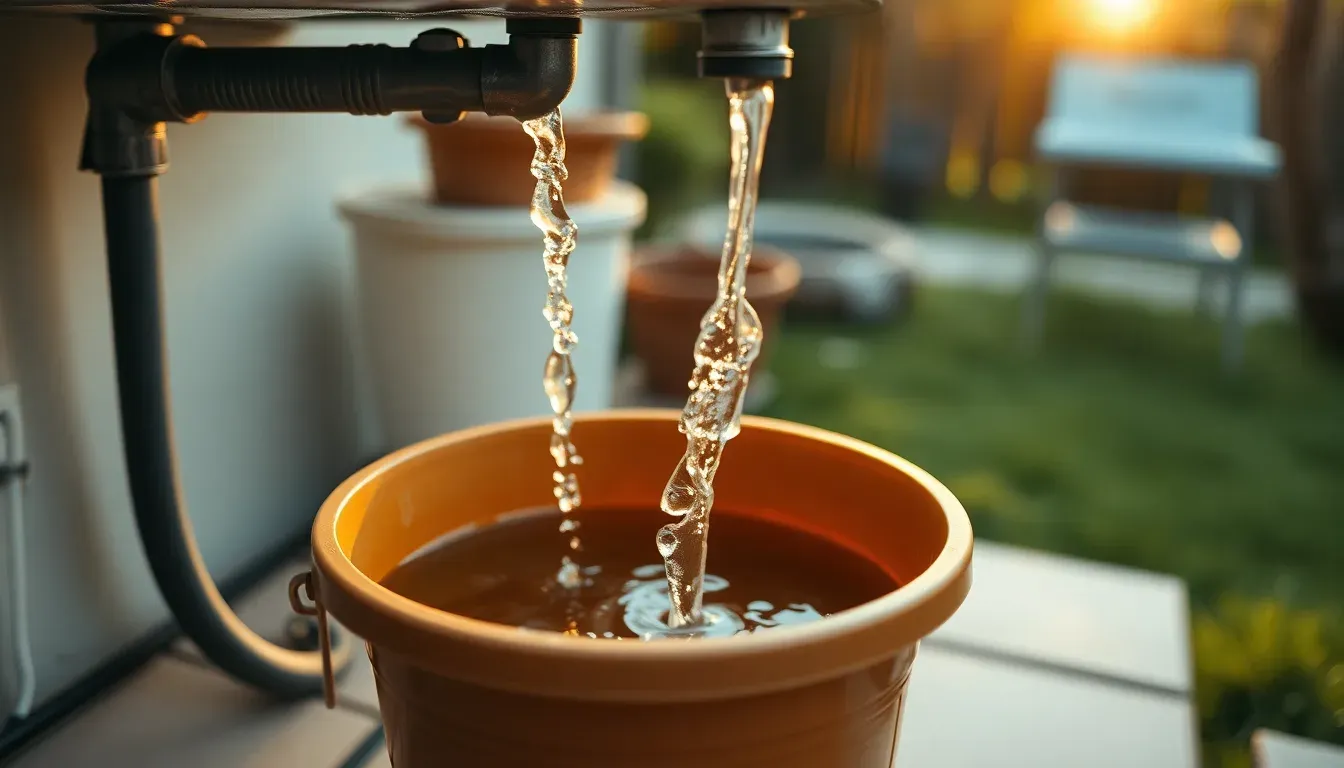 Grey-water draining from an outdoor sink hose into a bucket on a patio.