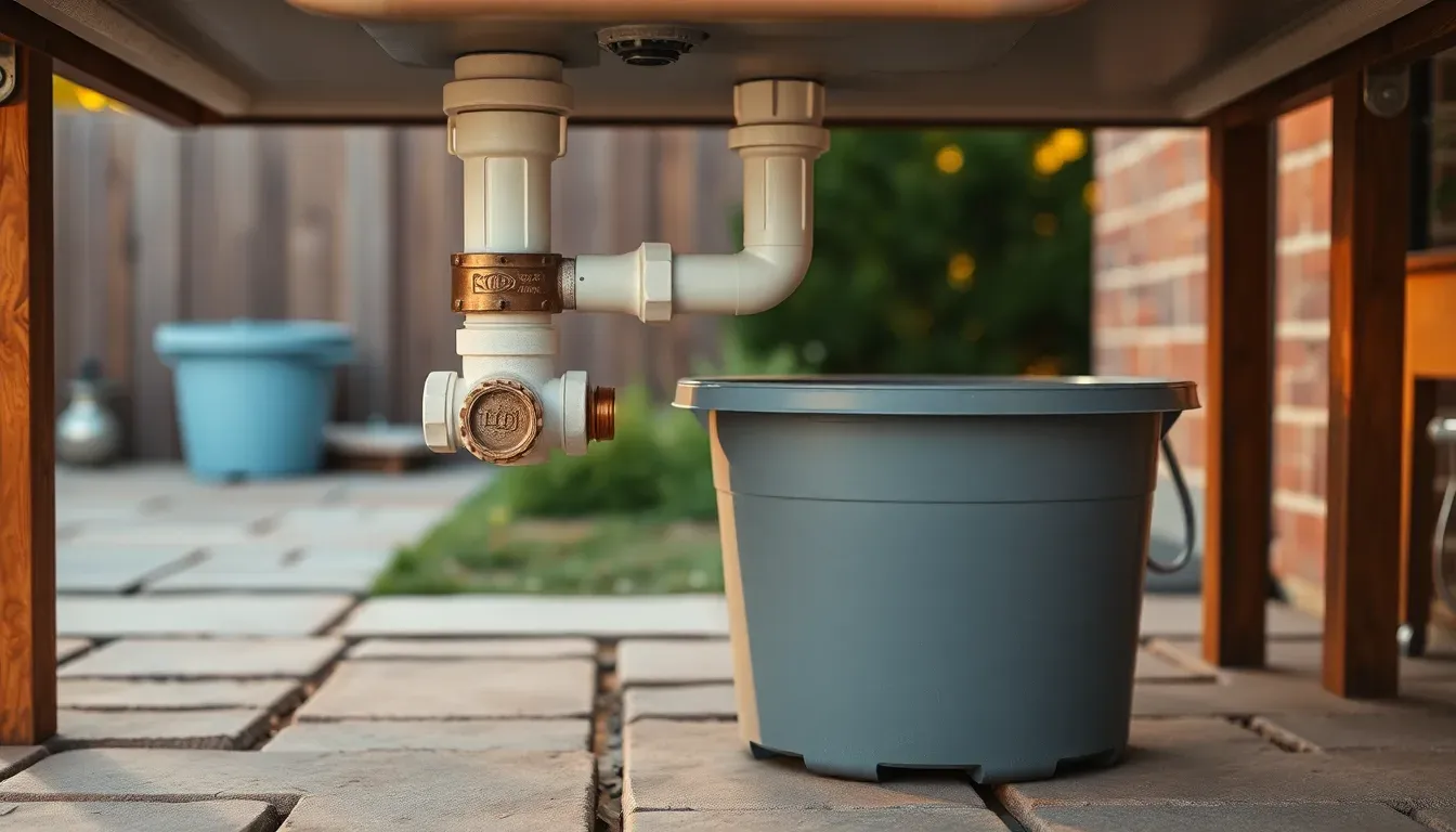 Underneath an outdoor sink: PVC drain pipe, a shut-off valve, and a grey-water bucket on a patio.