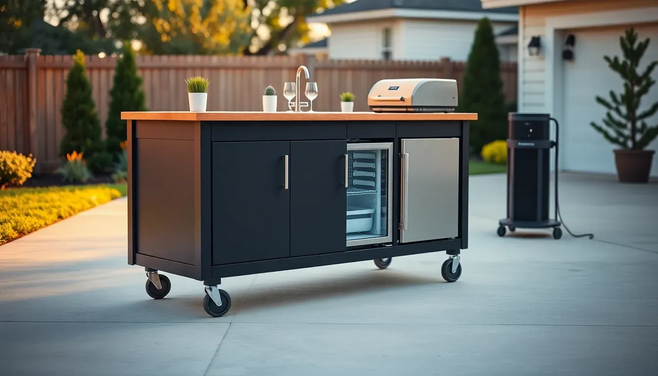 A portable outdoor kitchen photographed clean in a bright driveway, locking casters visible.