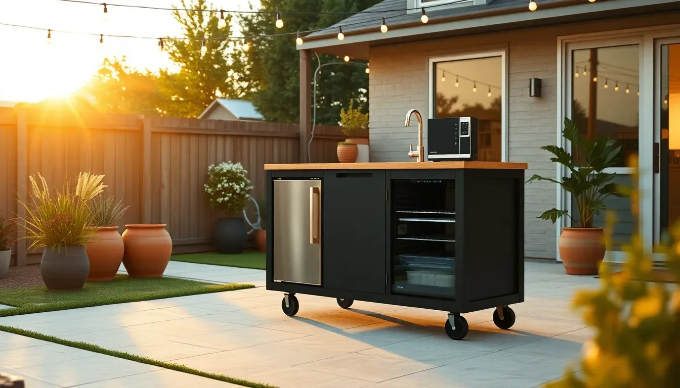 A matte black rolling outdoor kitchen with teak counters on a modern backyard patio at golden hour.