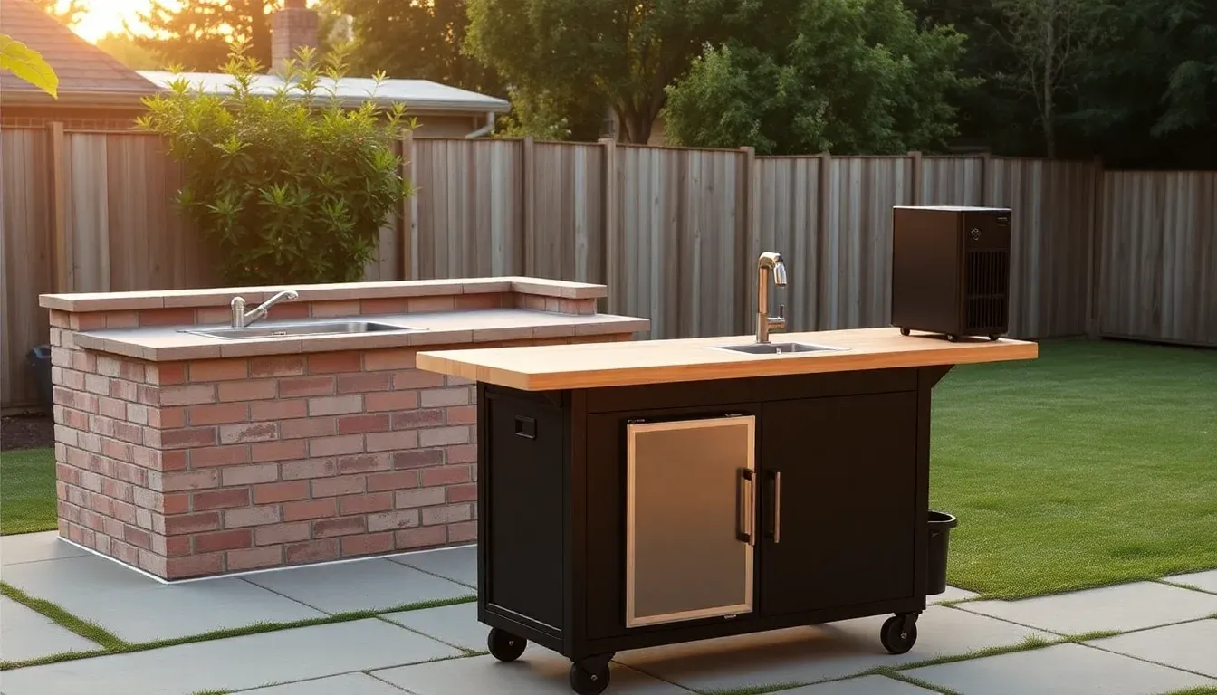 A portable outdoor kitchen next to a partially built brick outdoor kitchen counter.