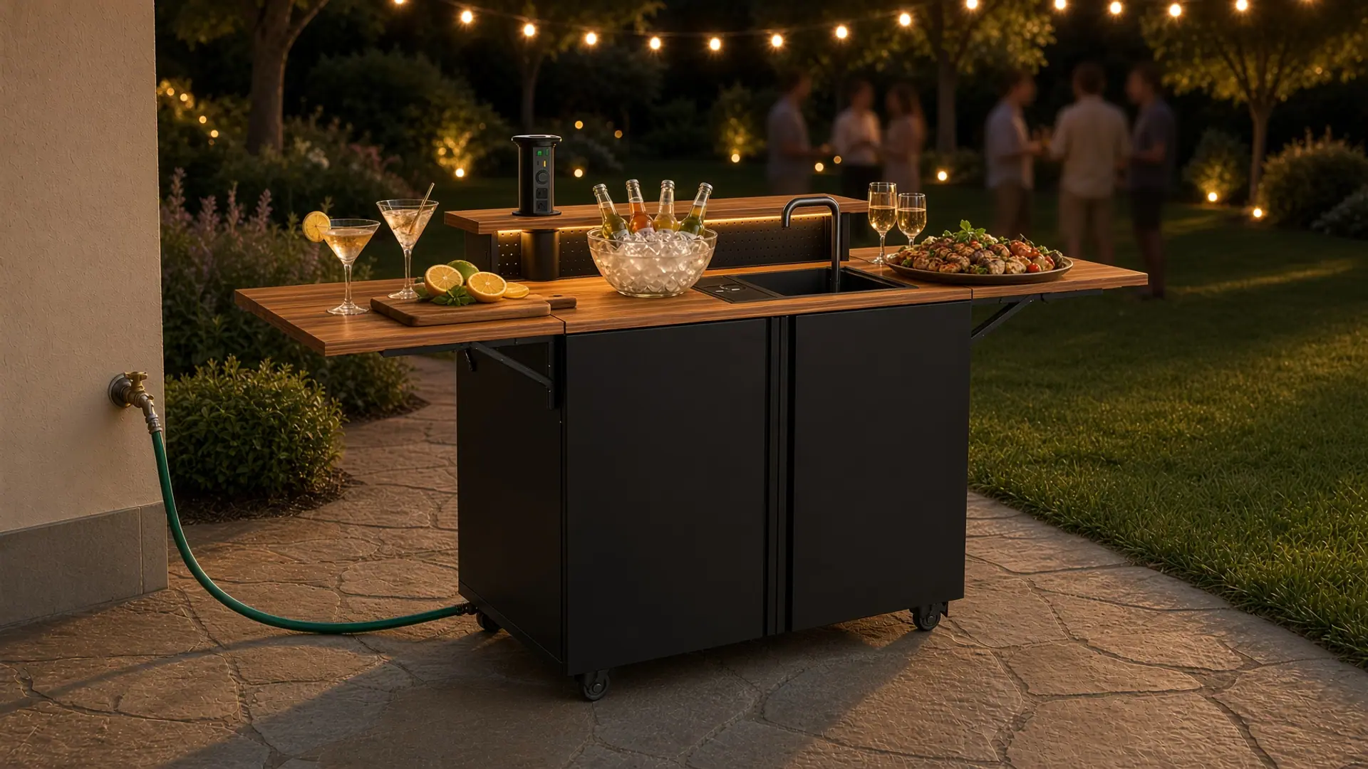 The Backyard Banger at night on a stone patio under string lights, set with cocktails, citrus and a platter, guests gathered behind